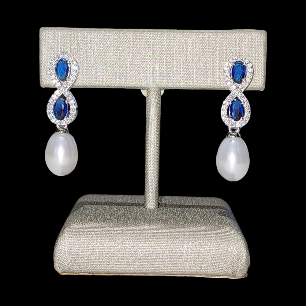 925S Blue Gemstones Stud Earrings With Cultured Freshwater Pearl and Zirconia - Picture 16 of 16